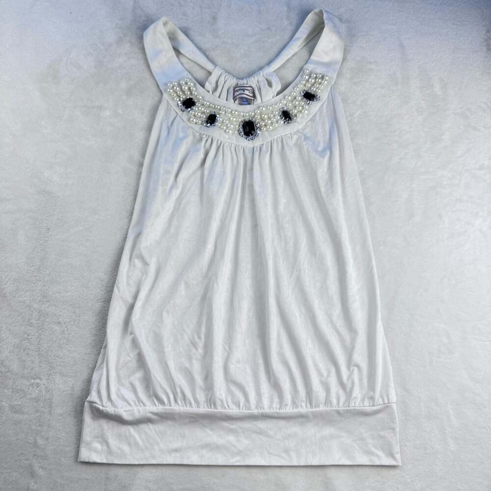 Soulmates White Embellished Pearl & Gem Neckline Bubble Hem Top Size M